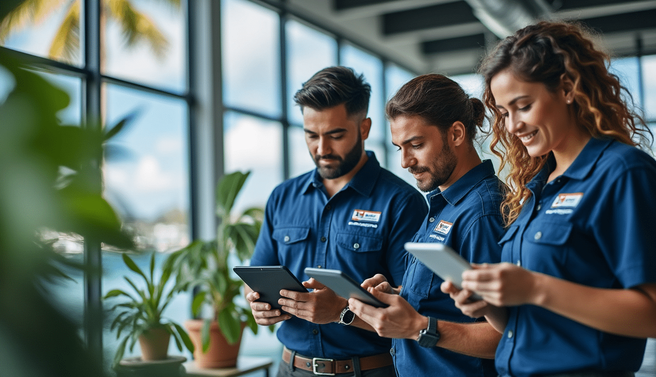 Expert Commercial Restoration Hawaii: Ultimate 24/7 Emergency Solutions 1 Team of commercial restoration professionals using tablets in a modern office setting, showcasing technology-driven solutions for Hawaii's restoration projects.