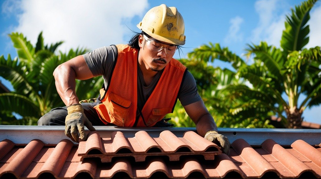 Roof repair in progress after storm damage – reliable water damage restoration Hawaii by trusted local experts