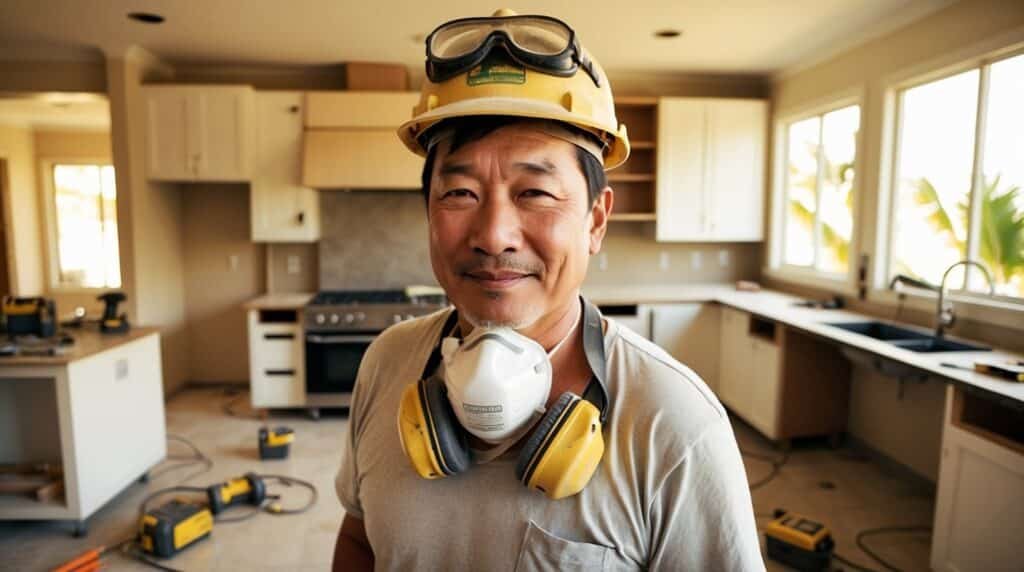 Construction worker in a hard hat and safety gear, smiling in a home remodeling kitchen setting with tools and cabinetry visible, representing UCG Hawaii's expertise in Oahu home renovations.